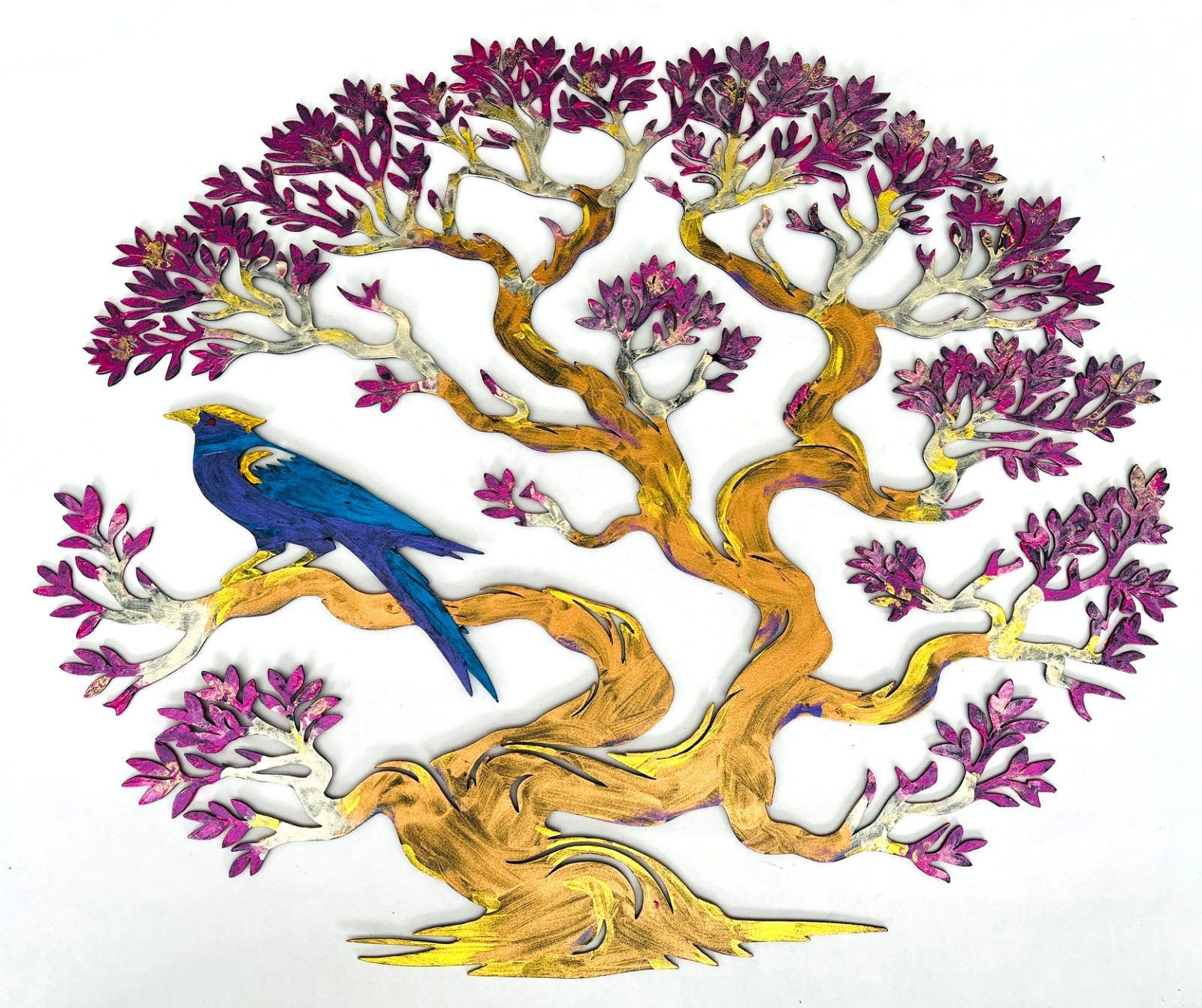 Tree of Life Metal Wall Art Hand Painted Metallic Paints Tree + 1 Blue Bird
