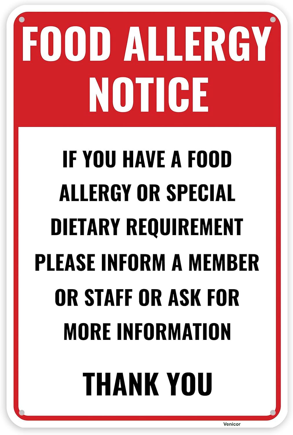 1PC Food Allergy Sign, 12 X 8 Inches – Aluminum – Food Allergen Sign for Restaur