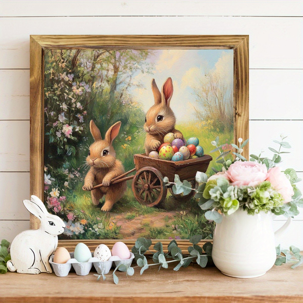 Easter Bunnies with Egg Wheelbarrow Wooden Plaque Rustic Spring Holiday Decor
