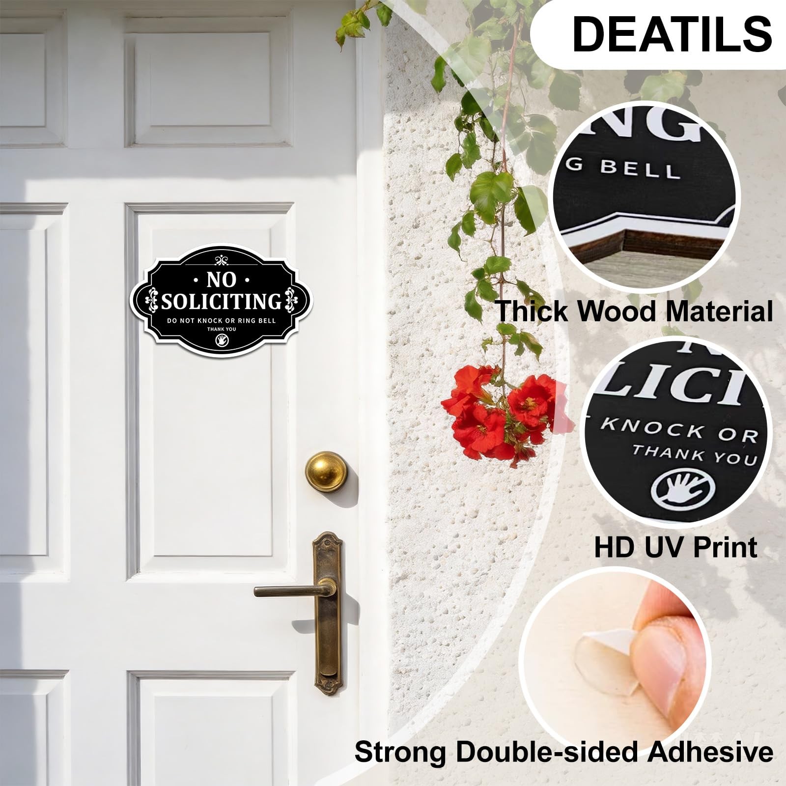 Wooden No Soliciting Sign for Front Door, (3.5 x 5.5) inches, black and white
