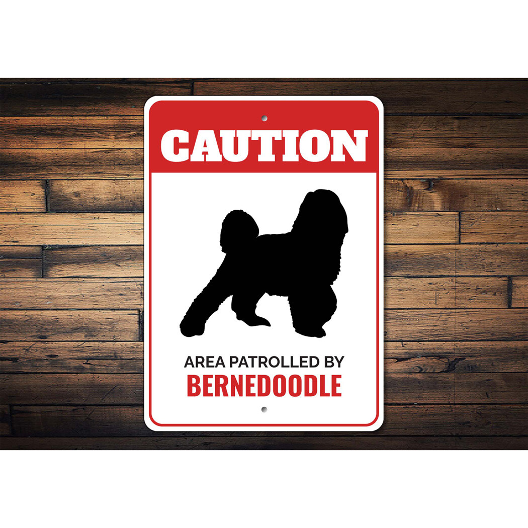 Patrolled By Bernedoodle Caution Metal Sign Kennel Breed Canine K9 Paw Animal