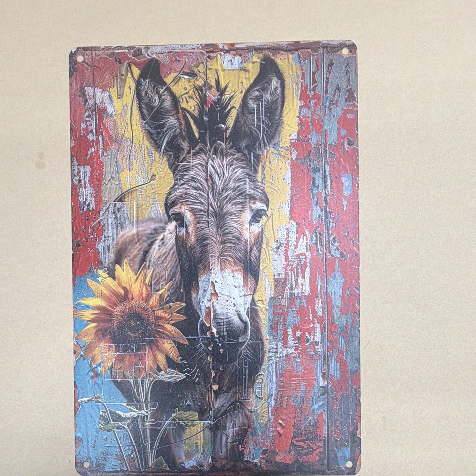 Donkey & Sunflower Metal Wall Sign Vertical Multicolor Ready To Hang