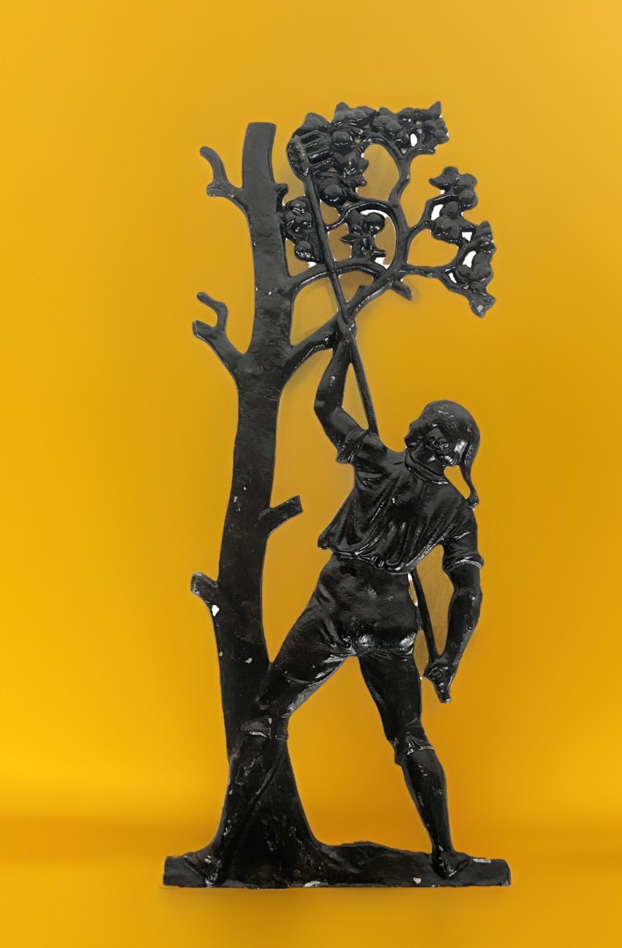 JZH 1957 Vintage Black Cast Metal Silhouette of a Man Picking Fruit/Apples 17″T