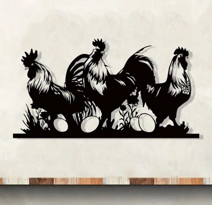 Chicken & Rooster Black Metal Art Wall Sign Decor Indoor or Outdoor Decor Gifts