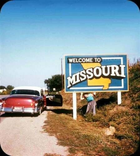 Missouri state line highway marker road sign 1955 map outline welcome 15×9