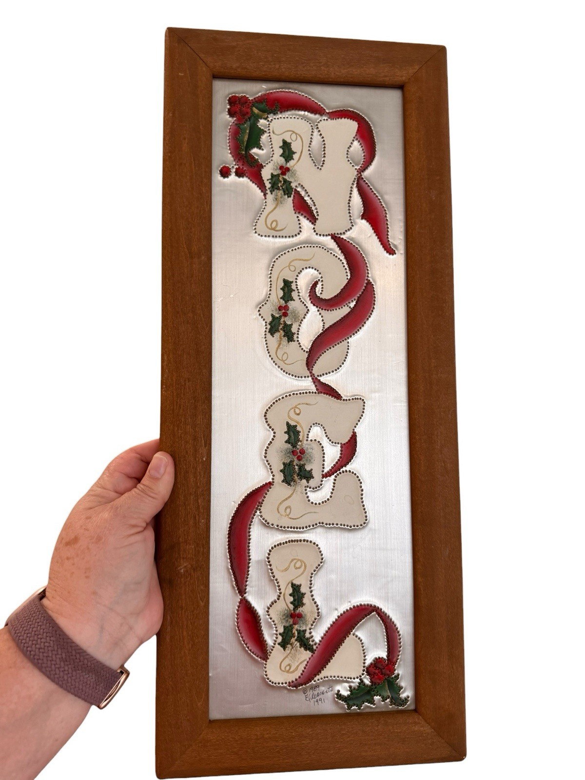 Tin Metal Country Christmas Wall Folk Art Signed The Pleasant Look Painted USA