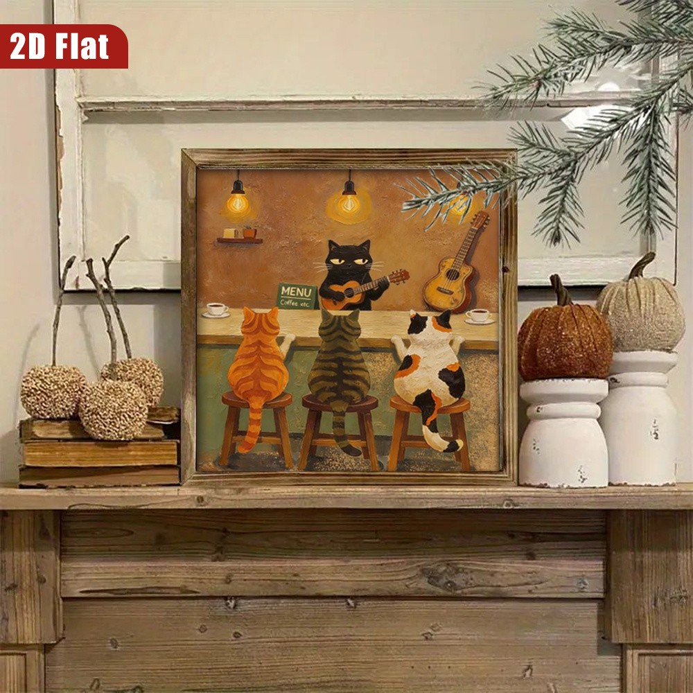 Retro Oil Painting Cat Band Guitar Coffee Bar Whimsical Living Room Wall Plaque