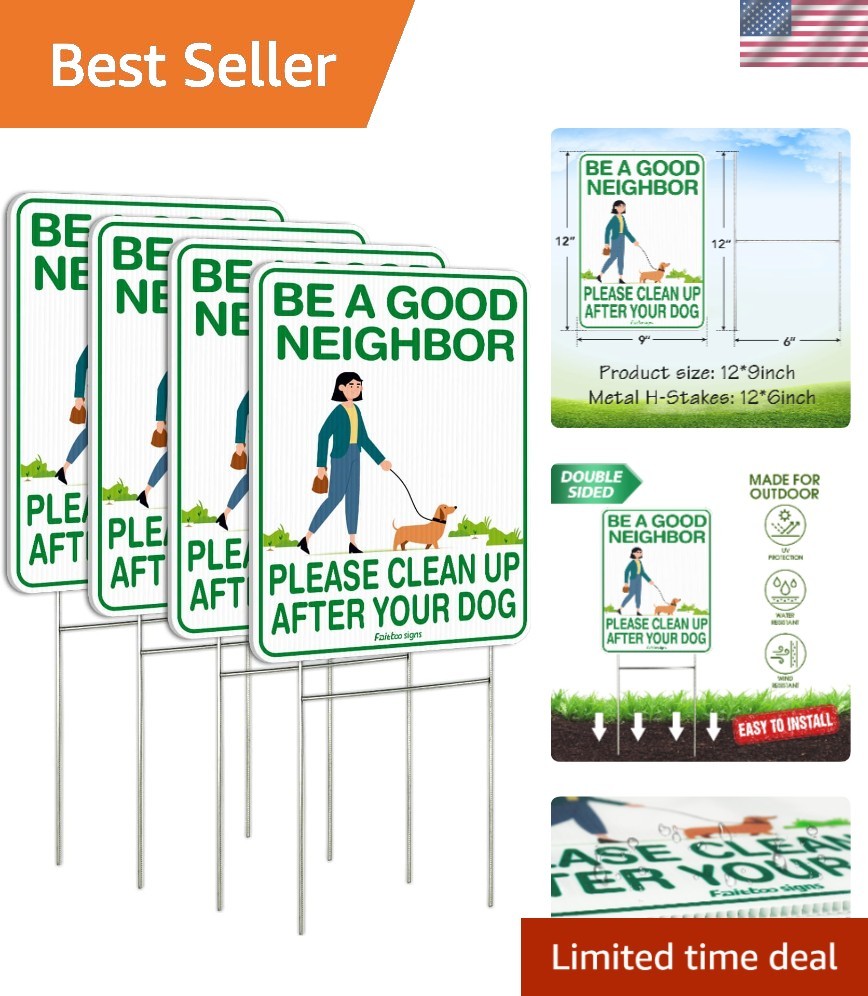 Eye-Catching 12″x9″ No Pooping Signs – Easy Install with Metal Stakes, 4 Pack