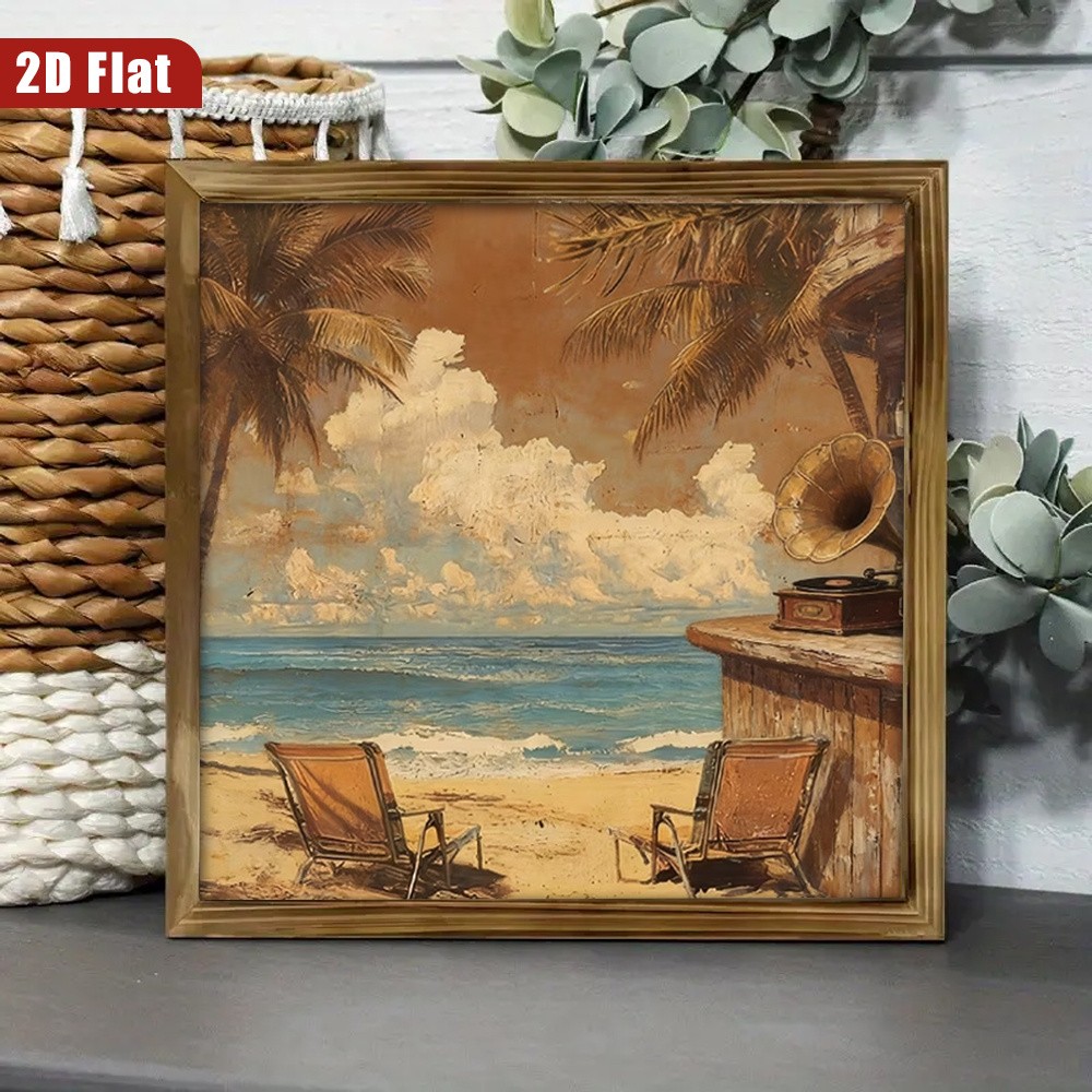 Antique Tropical Seaside Gramophone Beach Chair Summer Home Tabletop Plaque