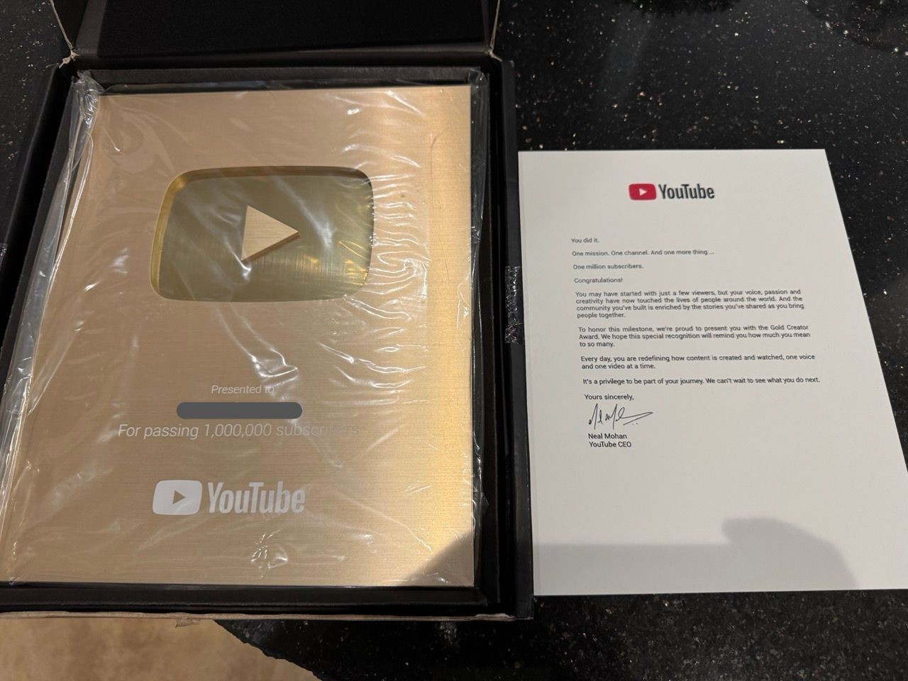 Buy Genuine YouTube 1 Million Golden Plaque Awards with Custom Name Engraving