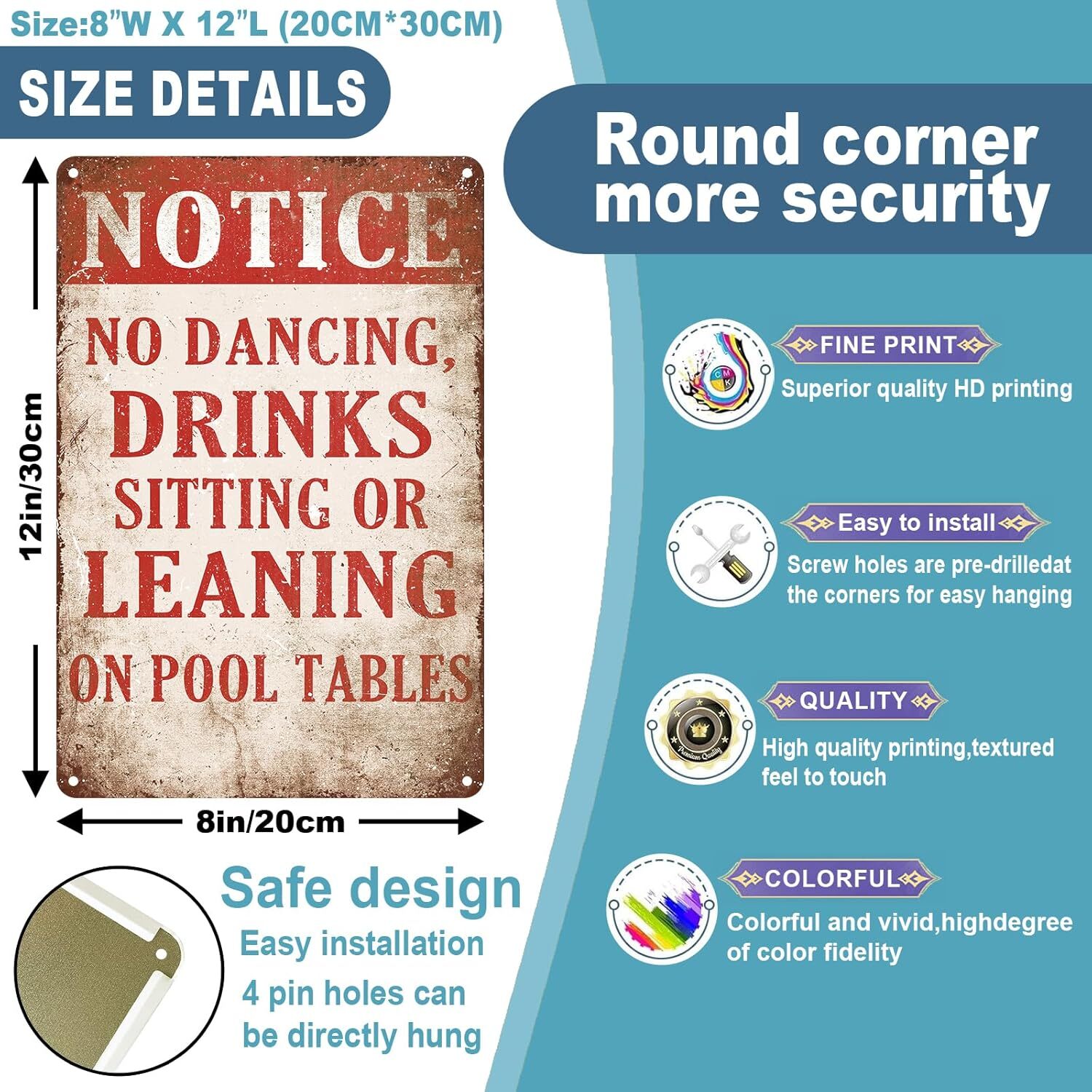 Pool Table Rules Tin Sign Billiards Room Wall Decor Notice No Dancing Drinks Sit