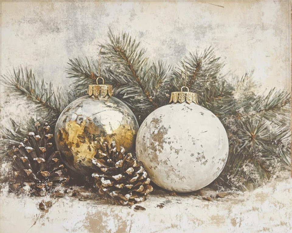 Vintage Style Christmas Art Print 8×10″ Wall Decor balls cones Cozy Christmas