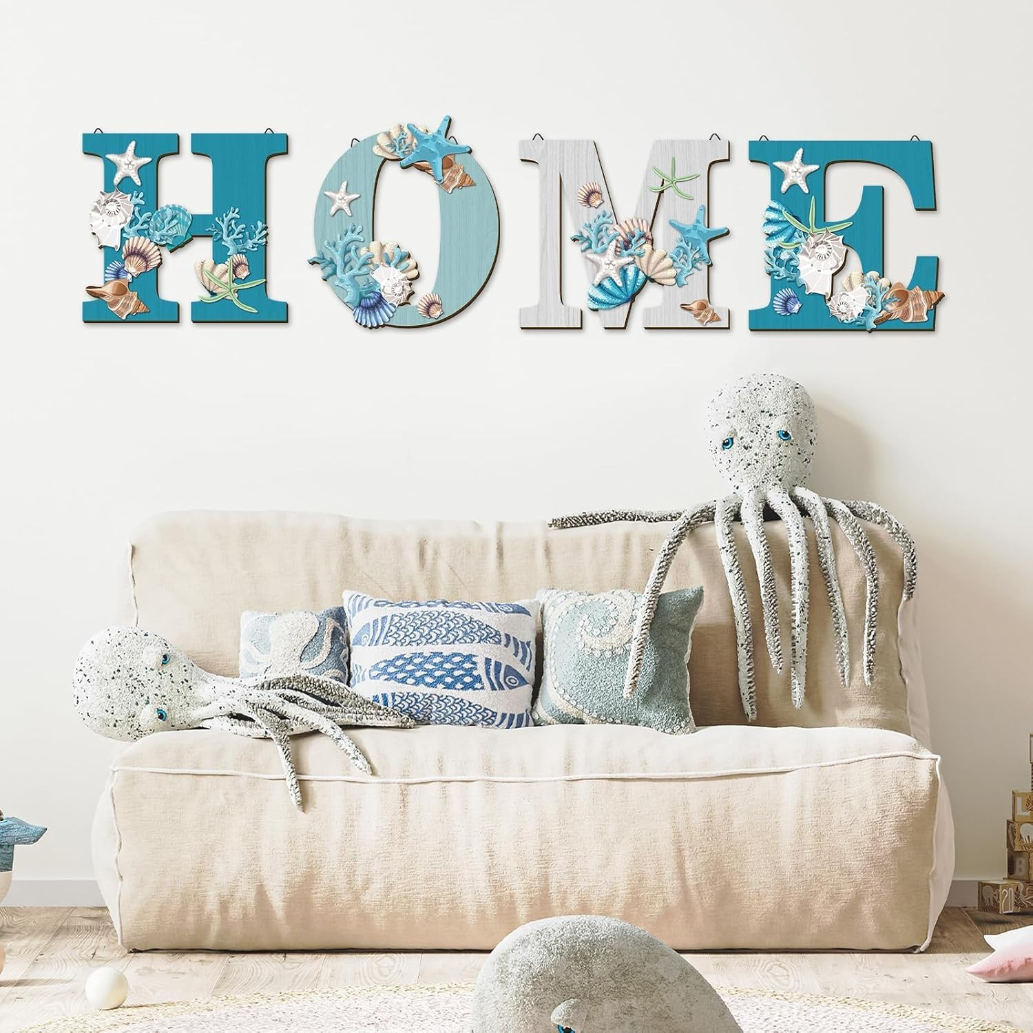 4 Pcs Wood Home Sign Coastal Beach Wall Decor Beach Style Signs Blue Starfish an