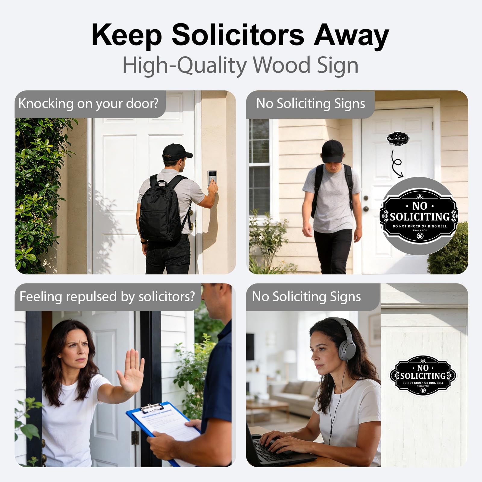 Wooden No Soliciting Sign for Front Door, (3.5 x 5.5) inches, black and white