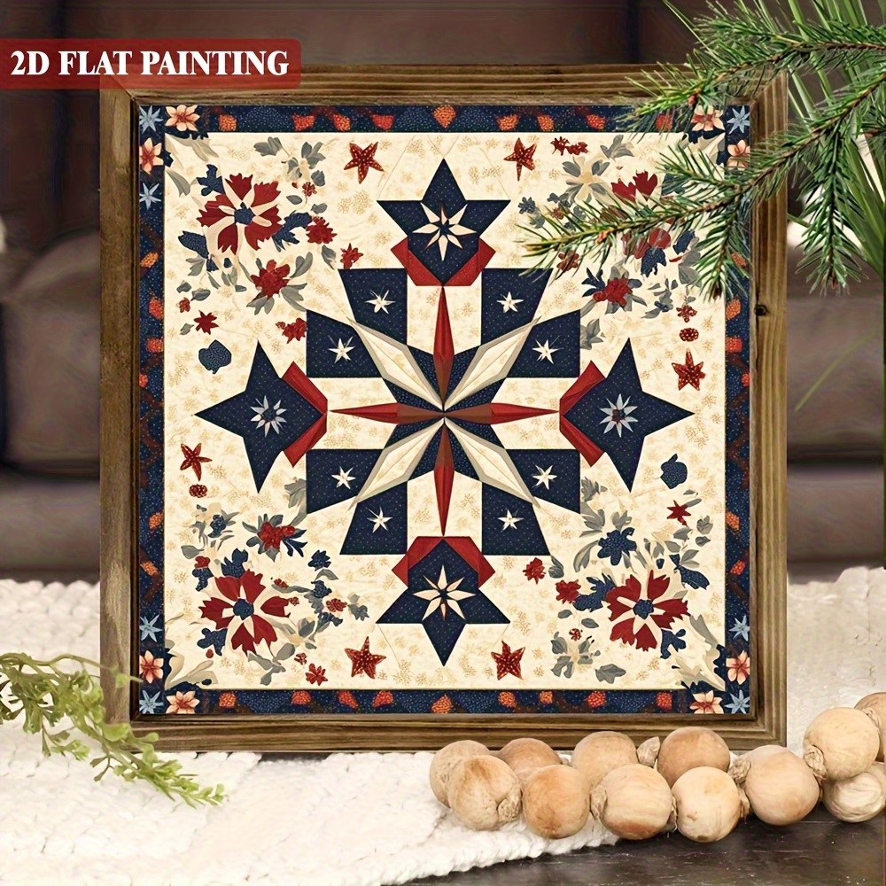Patriotic Star Quilt Pattern Wood Sign, 4th of July Floral Home Wall Decor