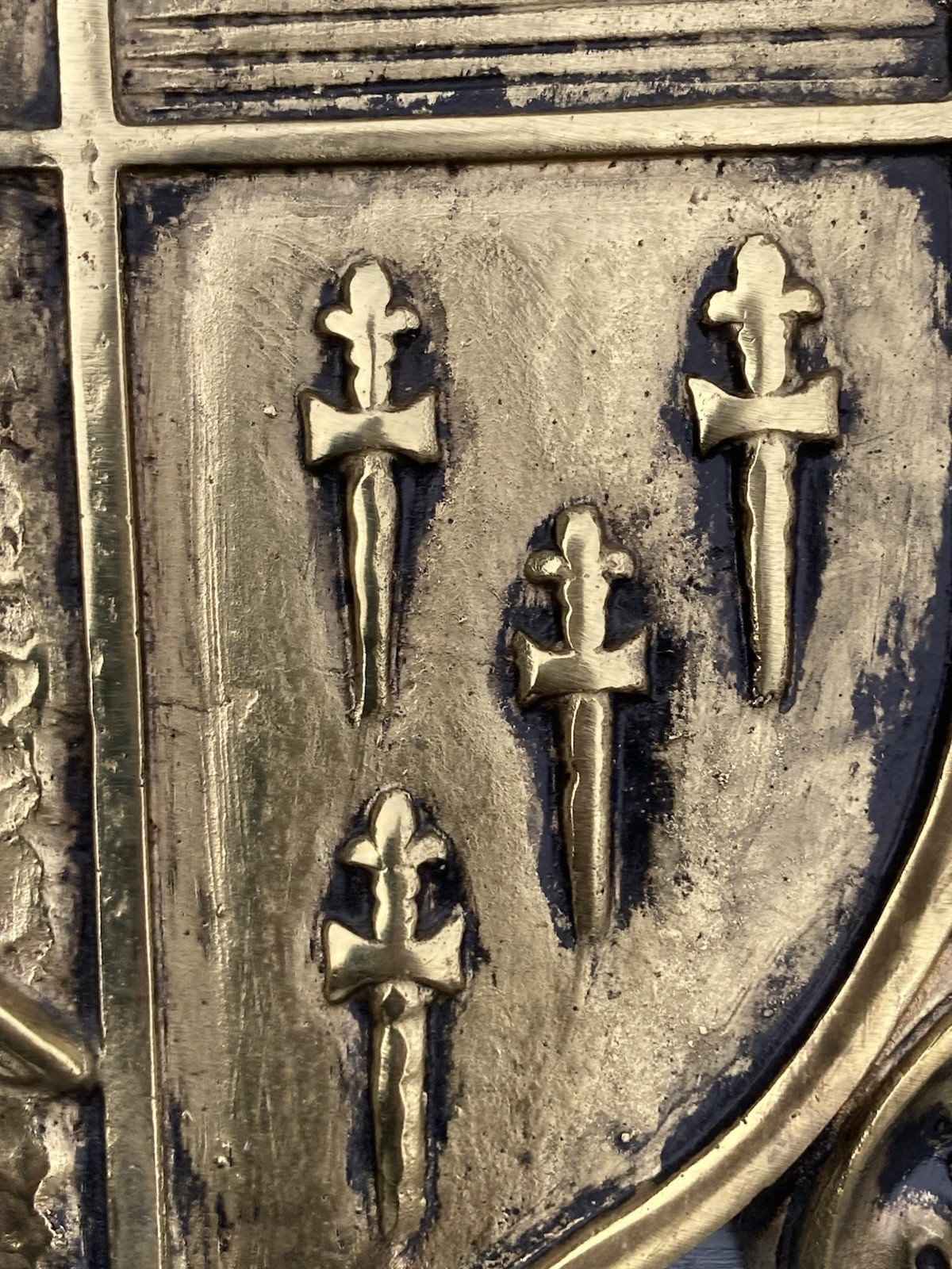 Gold Shield Medieval Wall Decor with Fleur de Lis, Eagle, Knight. Coat of Arms