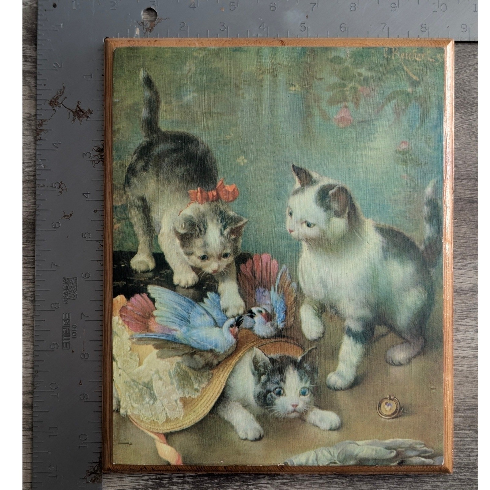 Vintage C Reichert Kittens and Birds Wood Plaque Wall Art 1976 Decoupage