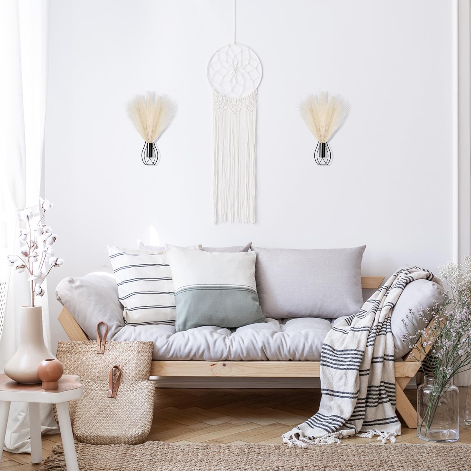 2 Pieces Hanging Plant Wall Decor with Artificial Pampas Grass Metal Hanging …