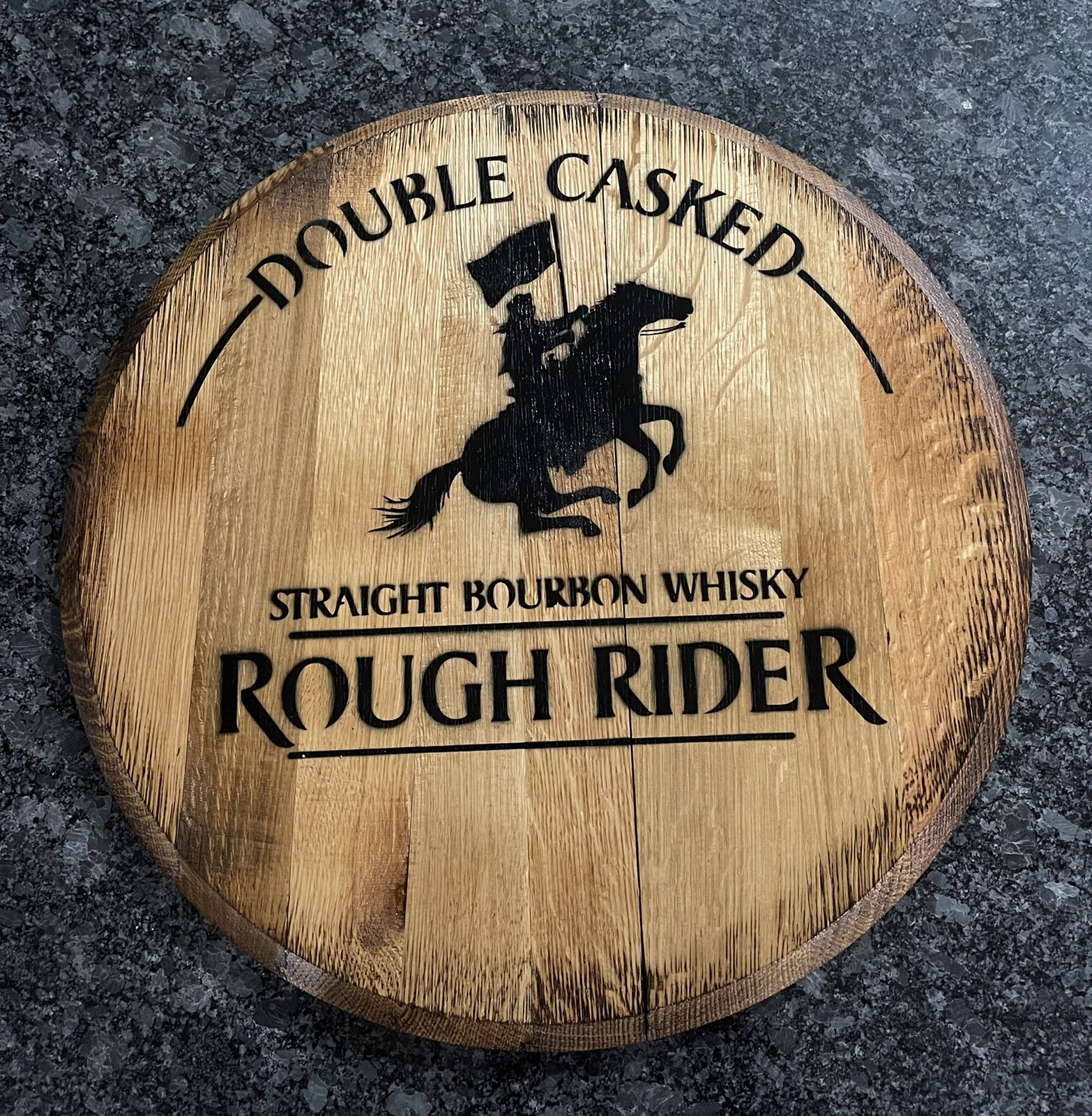 Bar Decor (Rough Rider Bourbon Whiskey ) Reclaimed Bourbon Barrel Head 21”