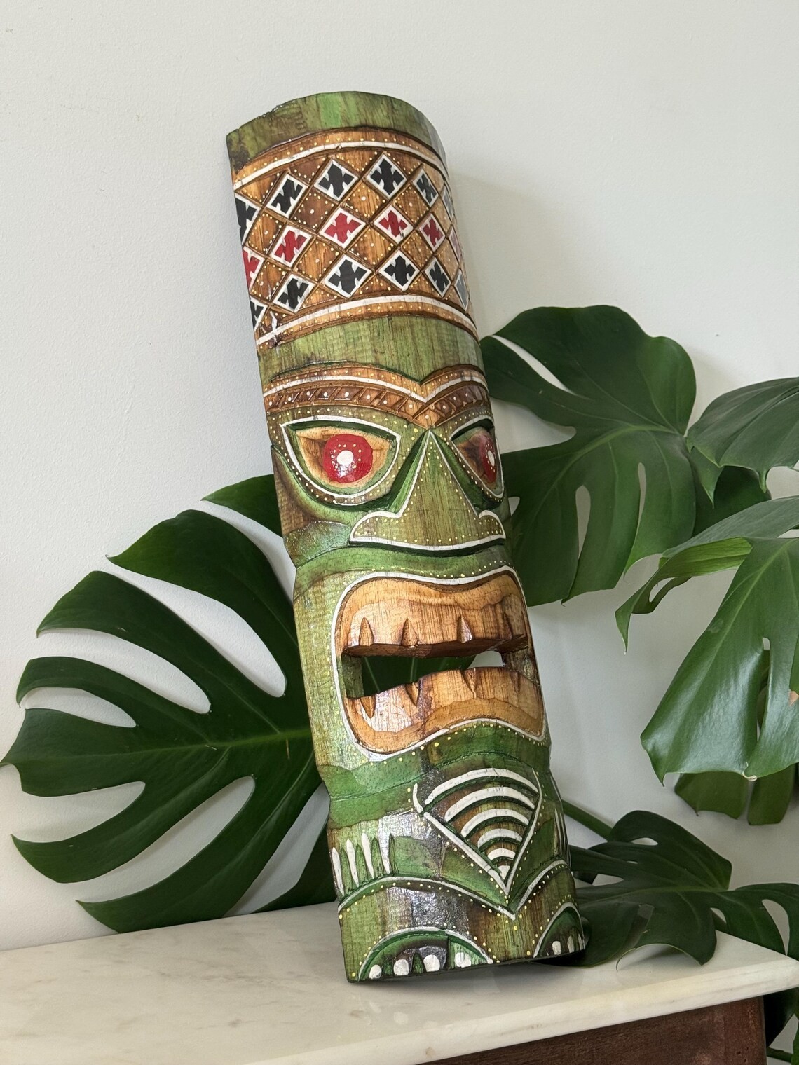Hawaii Hand Made Carved Wooden 20″ Tiki Painted Mask Wall Decor Hanging Man Cave