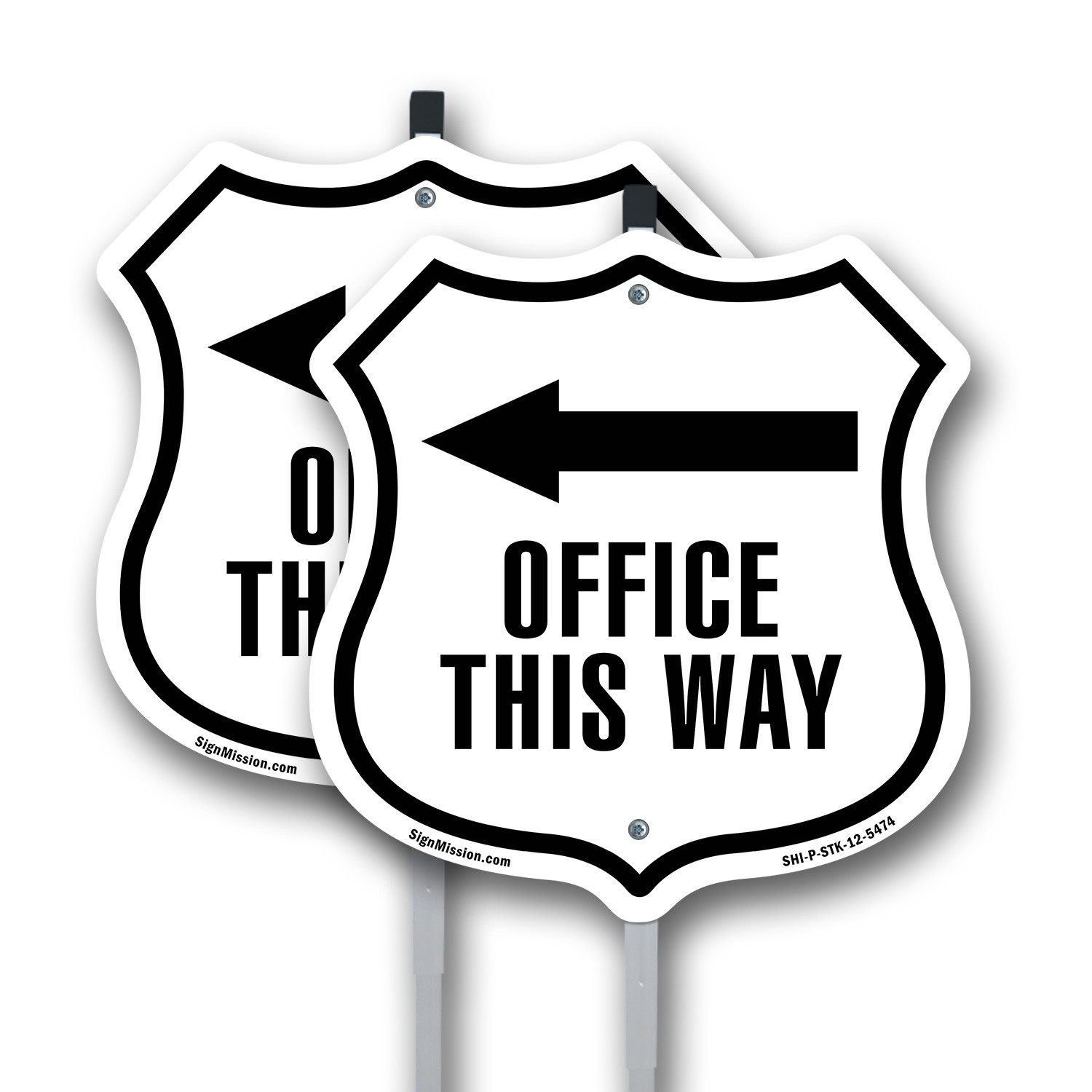 Office This Way Left Shield Shaped Sign With Stake Crafted in the USA
