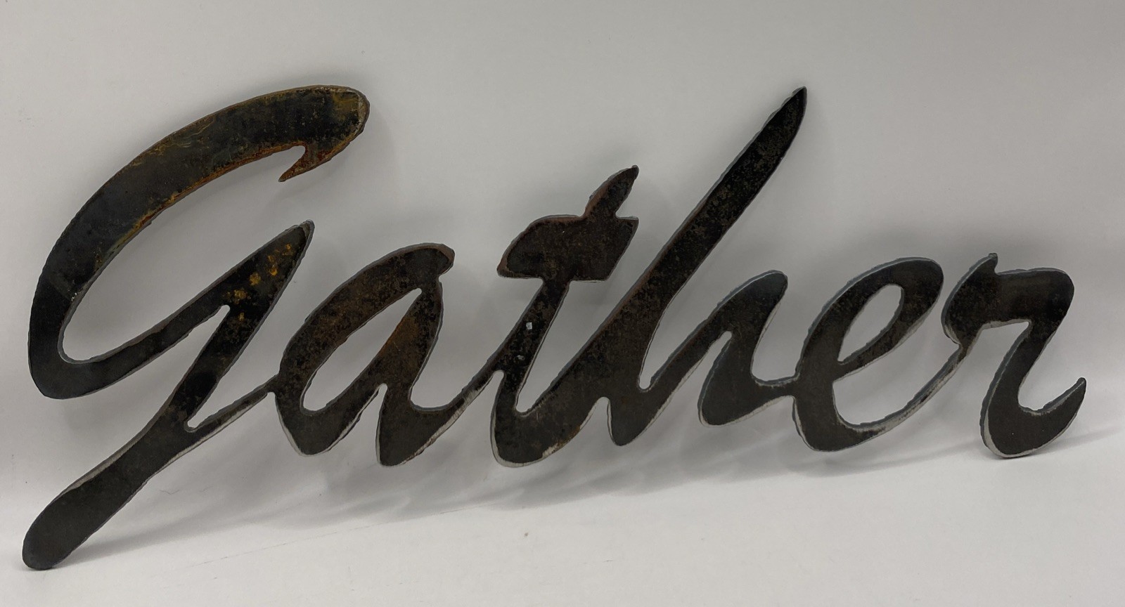 Gather Sign Word Art Home Decor Wall Hang Heavy Metal Cursive Script Typography