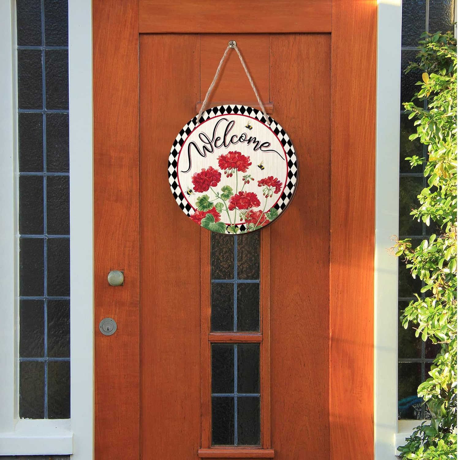 Welcome Geranium Flower Sign Spring Summer Front Door Decor Bee Red Floral
