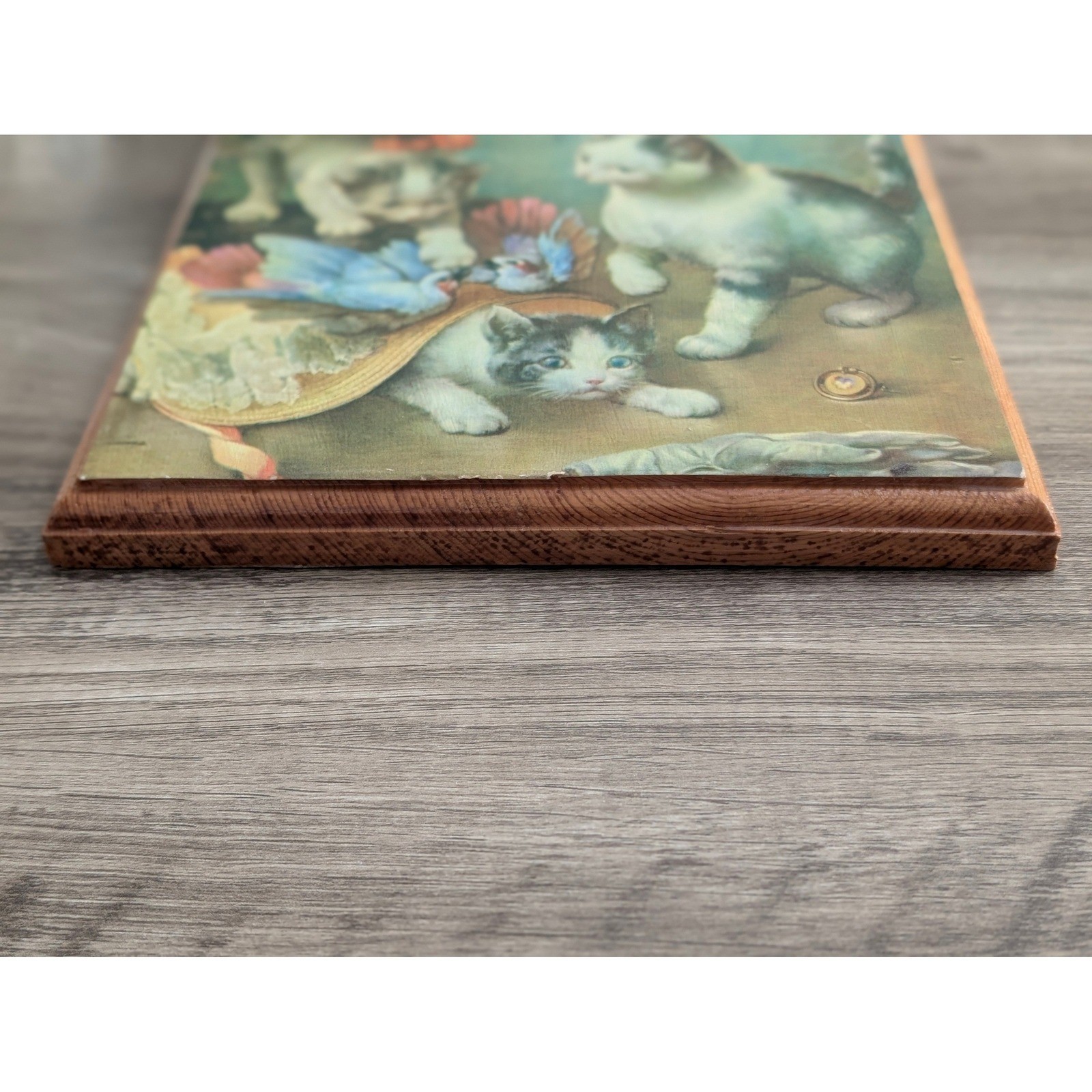 Vintage C Reichert Kittens and Birds Wood Plaque Wall Art 1976 Decoupage