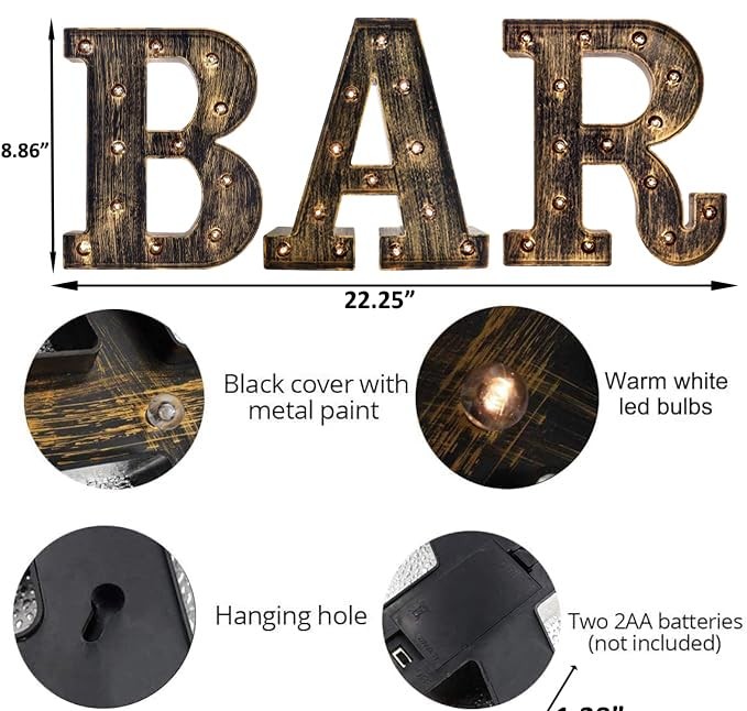 Light Up BAR Sign, LED Vintage Letters Home Decor Name Signs – Illuminated