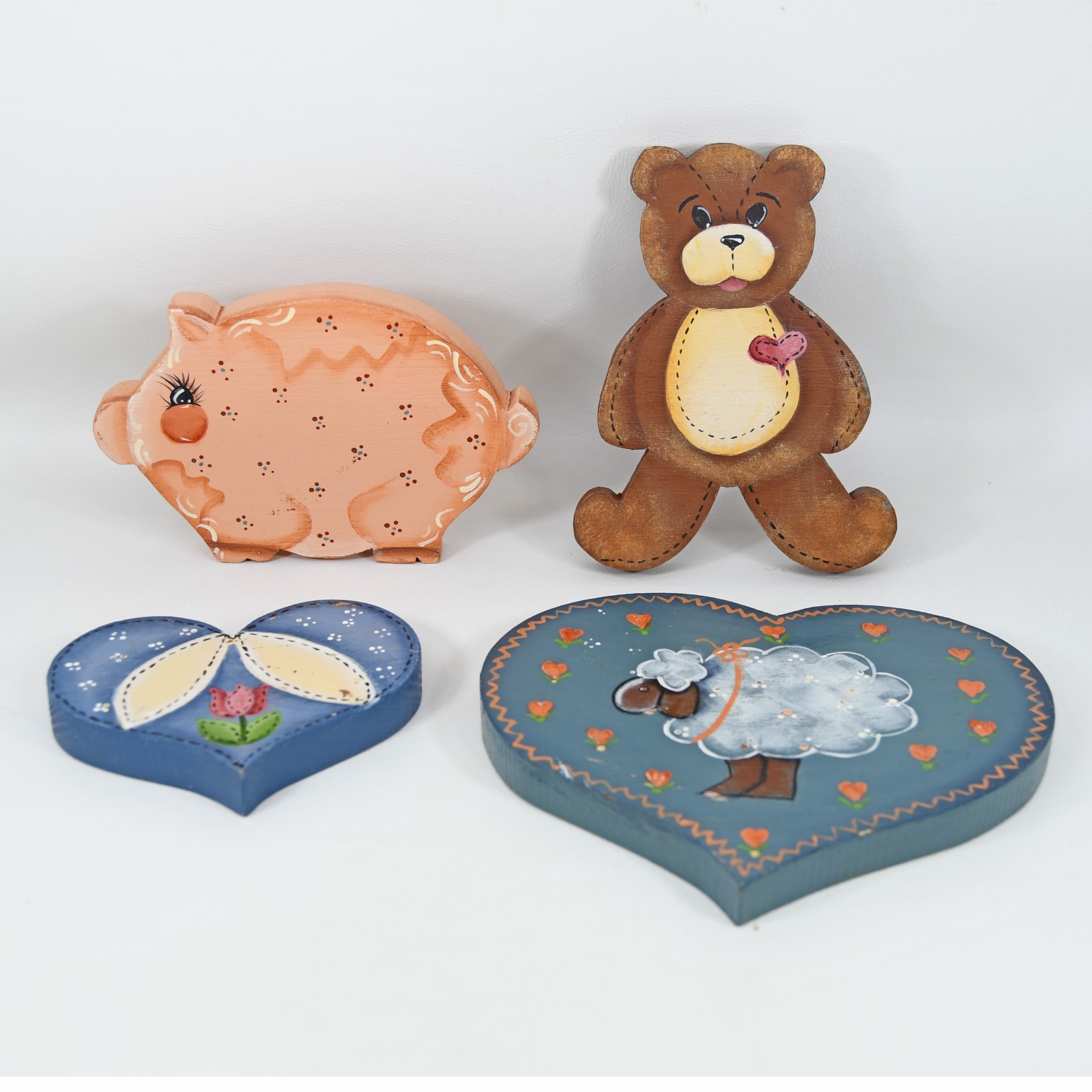 Vintage 1980s Wood Heart Pig Sheep Bear Hand Painted Granny Cottage Core Nursery