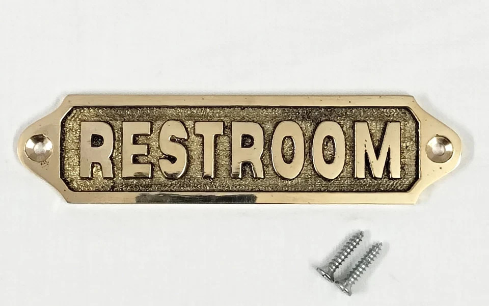 Solid Brass RESTROOM Door Sign Plaque | Vintage Bathroom Label w/ Screws 13cm