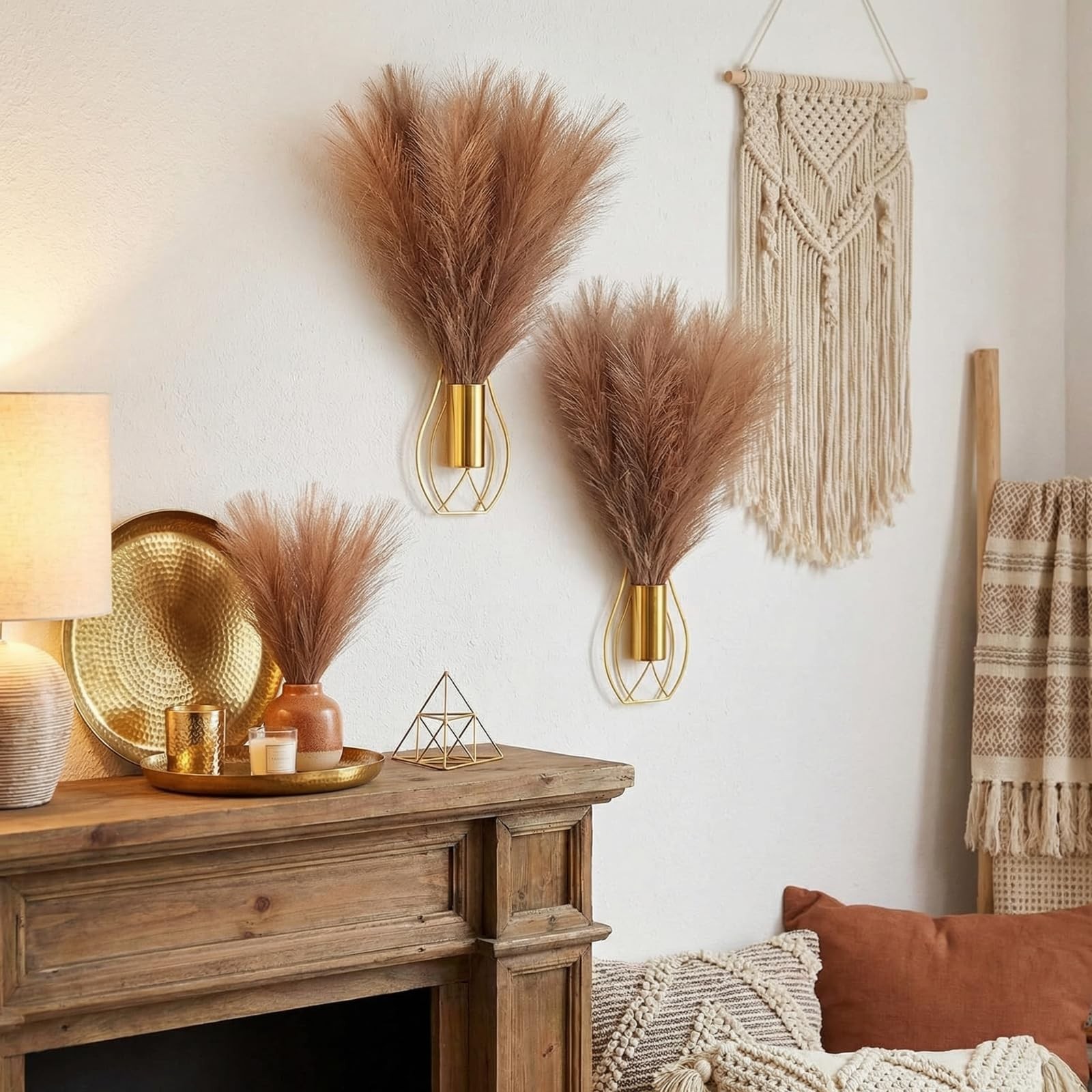2 Pieces Hanging Plant Wall Decor with Artificial Pampas Grass Metal Hanging …