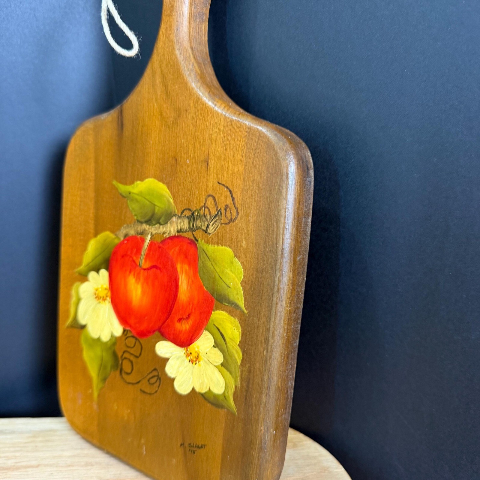 Hand Painted Apple Cutting Board Wall Decor Signed 1975 Wooden Vintage Farmhouse