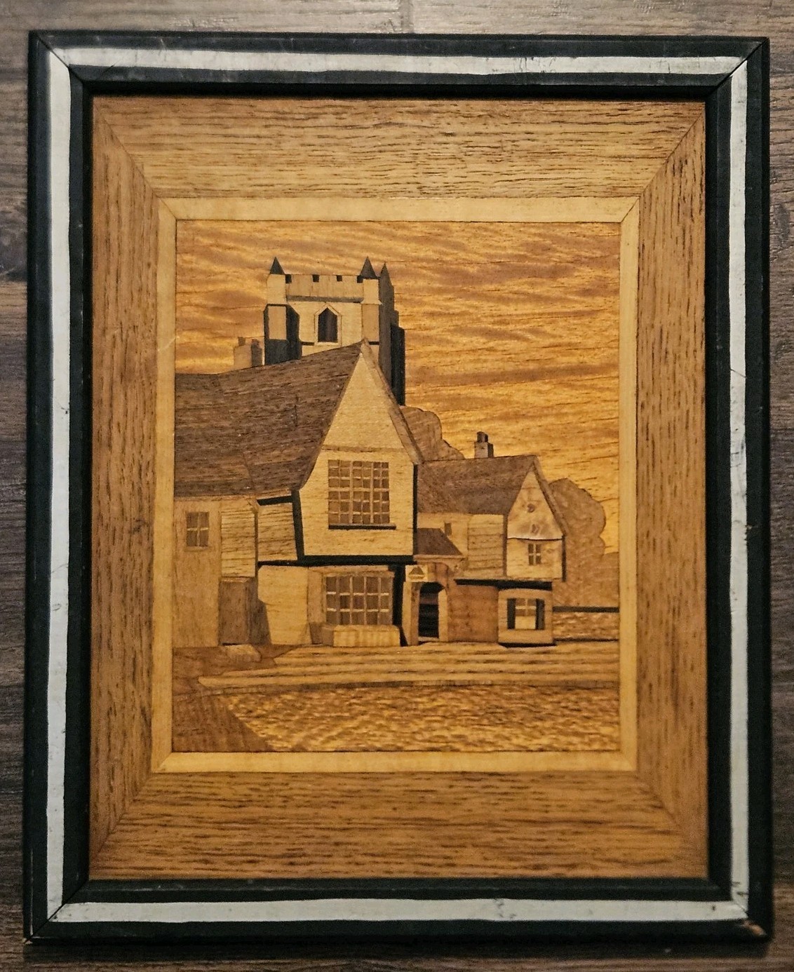 Vintage Wood Marquetry Inlay Village Scene Wall Art England Nov 1955 Framed
