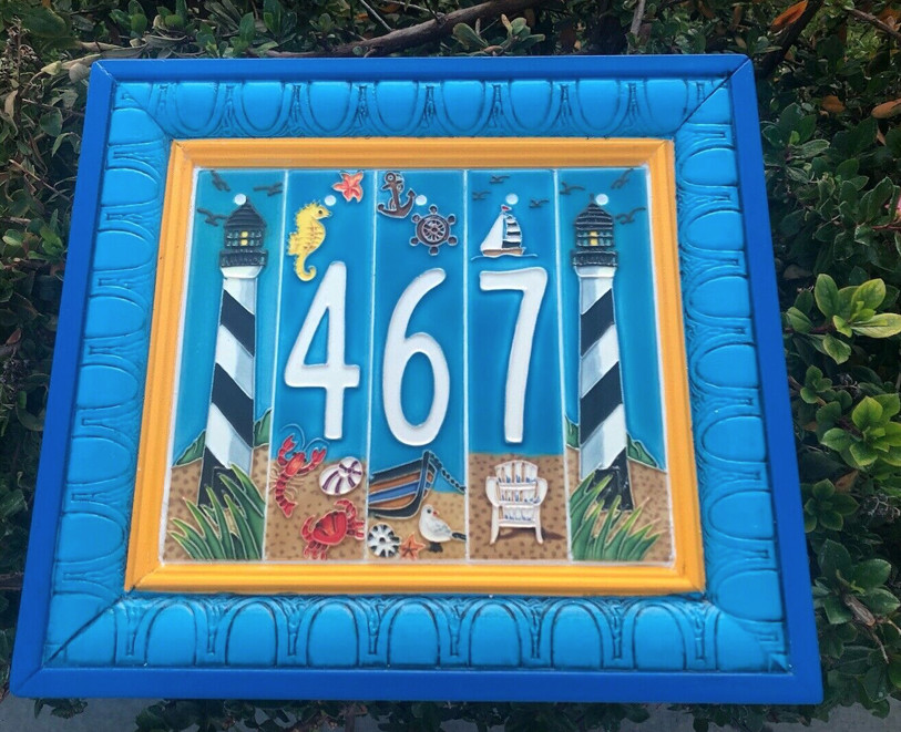Art Tile Beach Ocean Fish Aquarium House Ceramic Address Number 0-9 Lighthouse