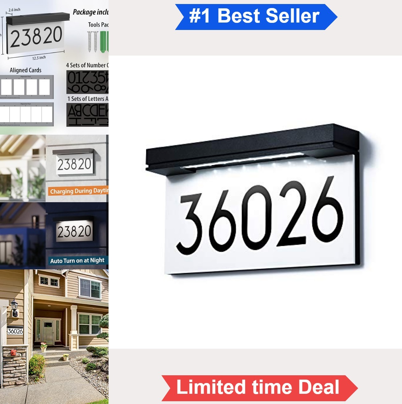 Solar Address Sign LED Illuminated 11.8×5.9 Inch Wall Mounted House Numbers