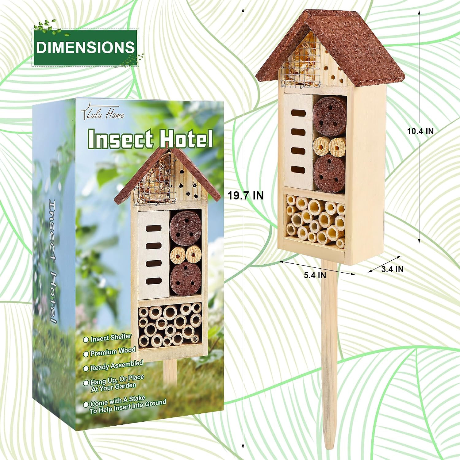 Wooden Insect House with Stake, 19.7 X 3.4 X 5.4 Inch | Hanging & Inserting Two