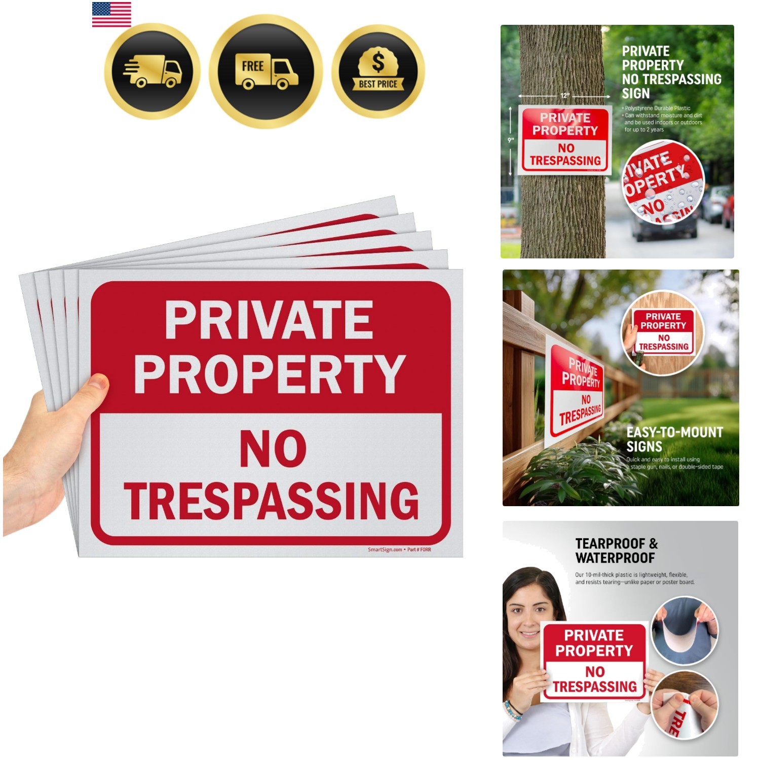 Private Property No Trespassing Sign, 9″ x 12″ Polystyrene Plastic Pack of 5 …