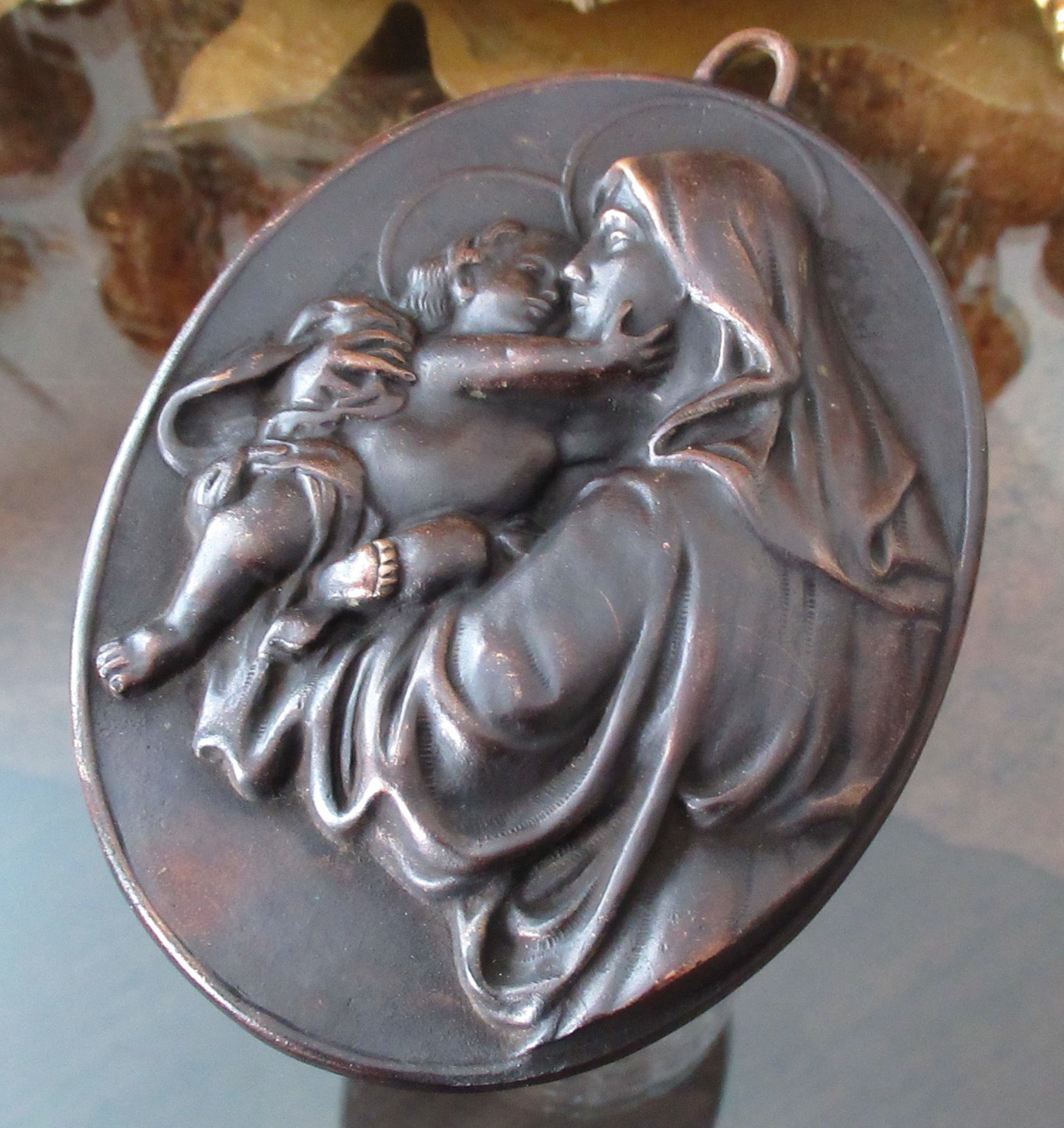 Vintage Bronze BVM Virgin Mary Baby Jesus Madonna Child Wall Art Plaque Brass