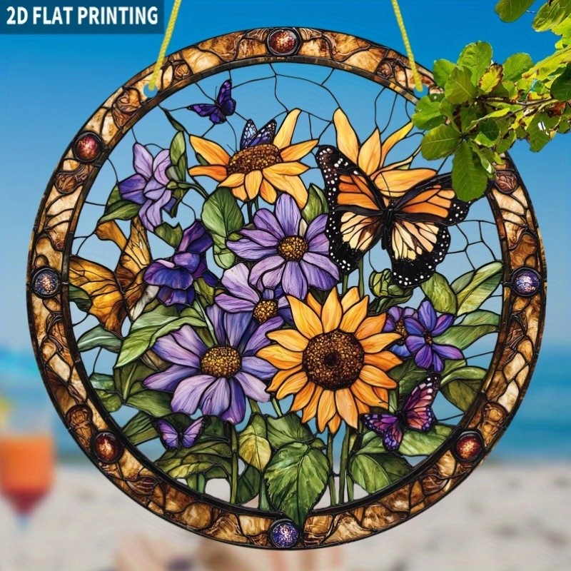 8*8in Round Bohemian Sun Catcher Vibrant Sunflower & Butterfly Hanging Decor