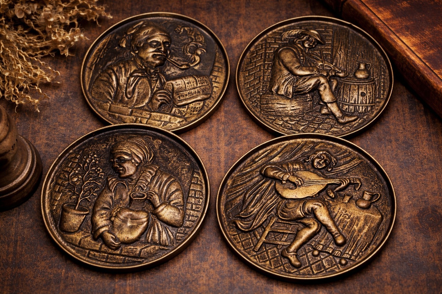 Set of 4 Vintage Belgian Bronze Wall Plaques Folk Art Musicians Tavern 5.5″