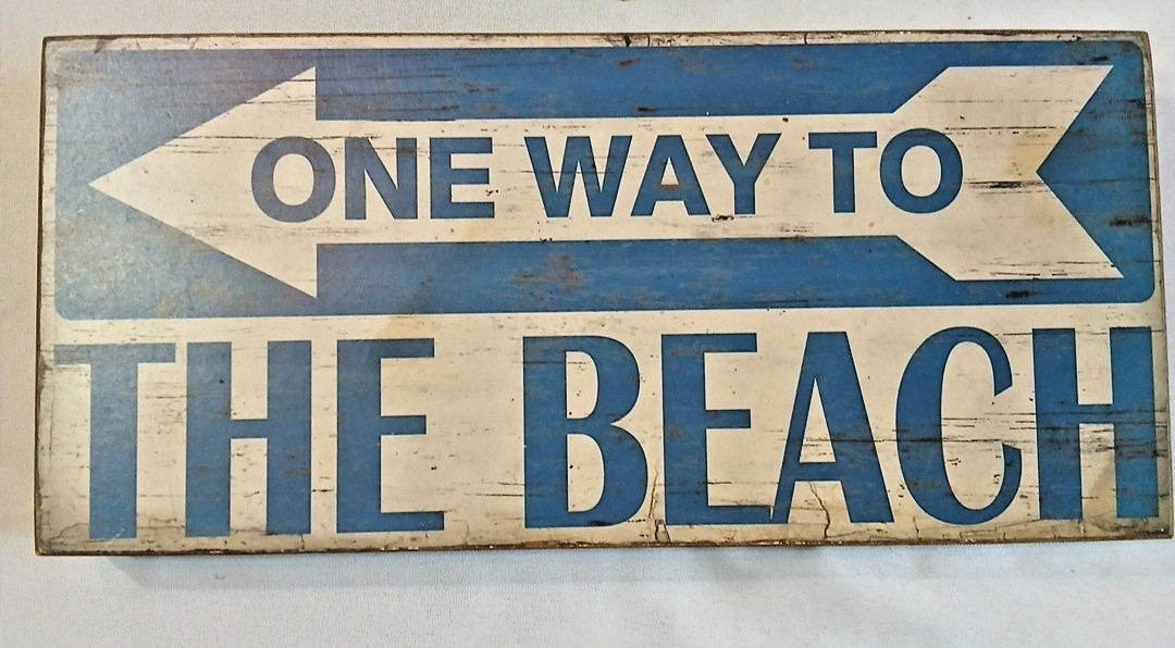 Wooden Beach Sign Rustic Distressed This Way to the Beach Home Wall Art Blue Tan