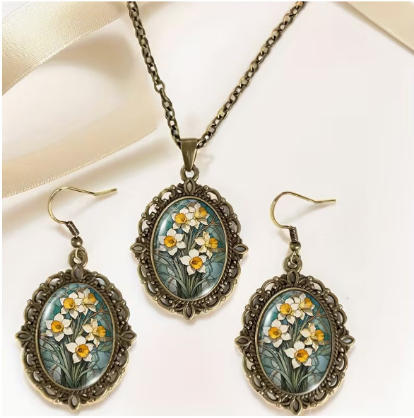 JEWELRY SET3pcs Daffodil Flower Necklace Earring Set Oval Glass Cabochon Jewelry
