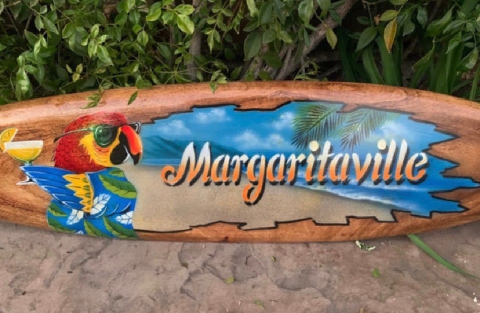 Margaritaville Tropical Parrot Surfboard Wall Plaque Mango Wood 39″x 10″
