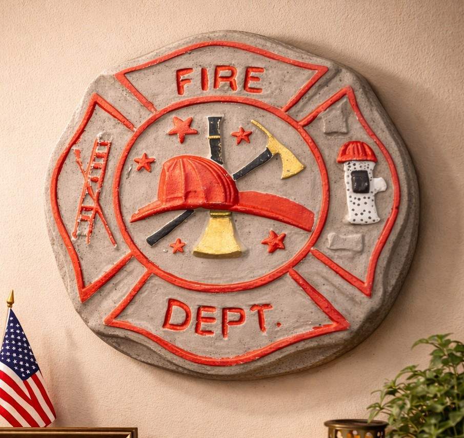 Fire Department Round Concrete Stepping Stone Decorative Plaque, Gray/Red
