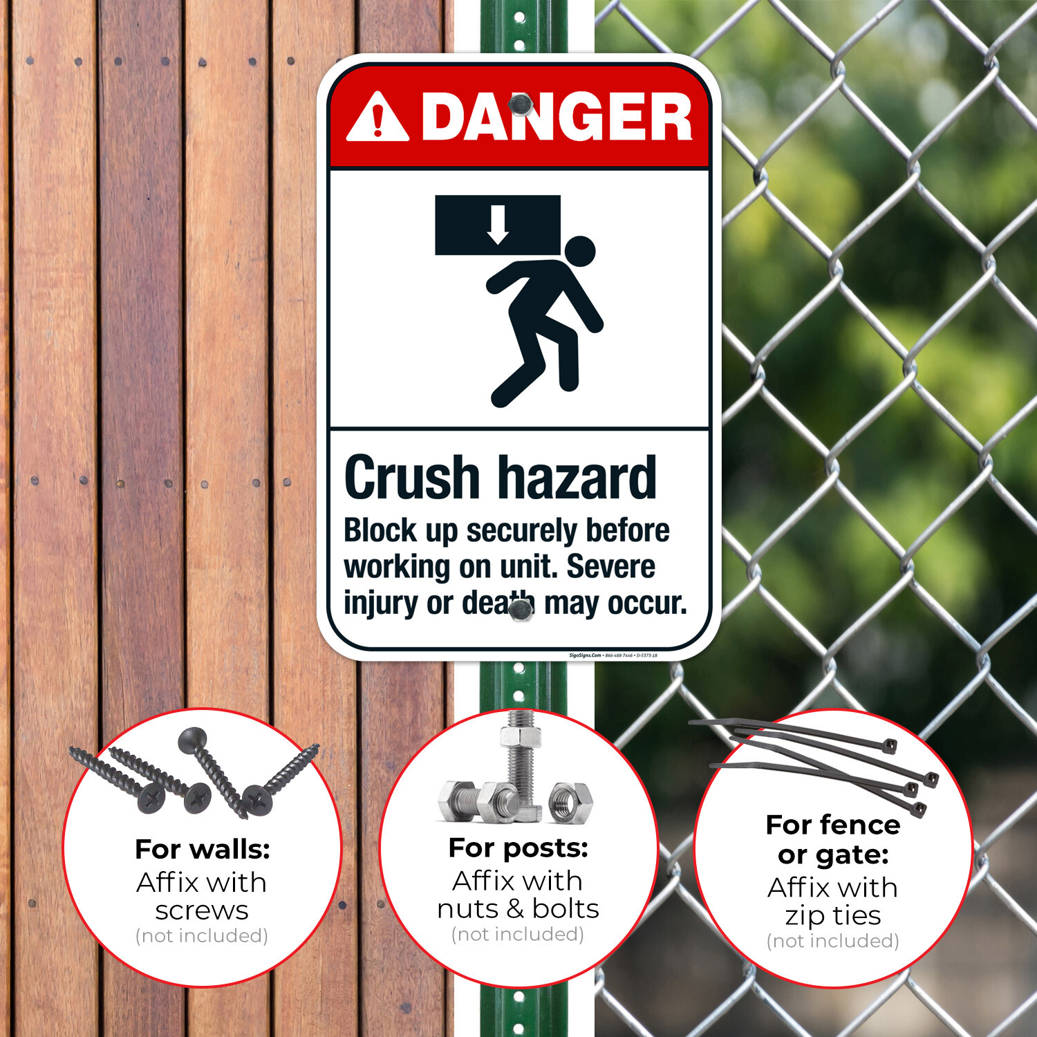 Crush Hazard Block Up Securely Before Working On Unit Sign, ANSI Danger Sign,