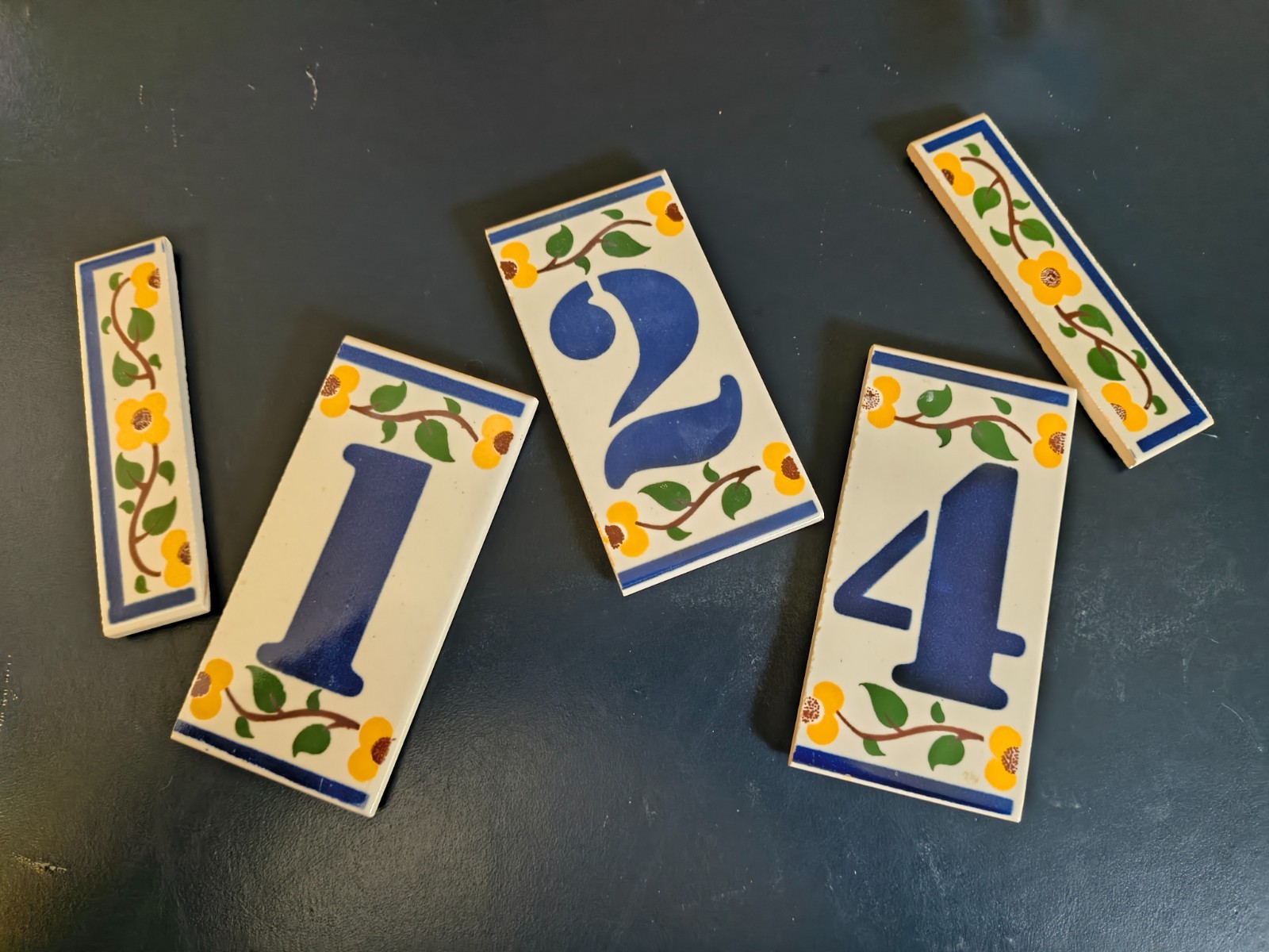 Hand-Painted Tile House Numbers: Ceramic Address Tiles 5 pcs – #’s 1-2-4 + endX2