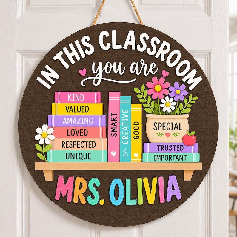 Personalized Classroom Door Sign, Custom Teacher Name Wood Hanger Gift