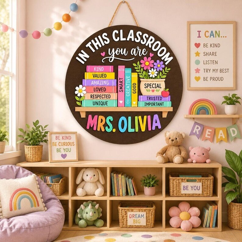 Personalized Classroom Door Sign, Custom Teacher Name Wood Hanger Gift