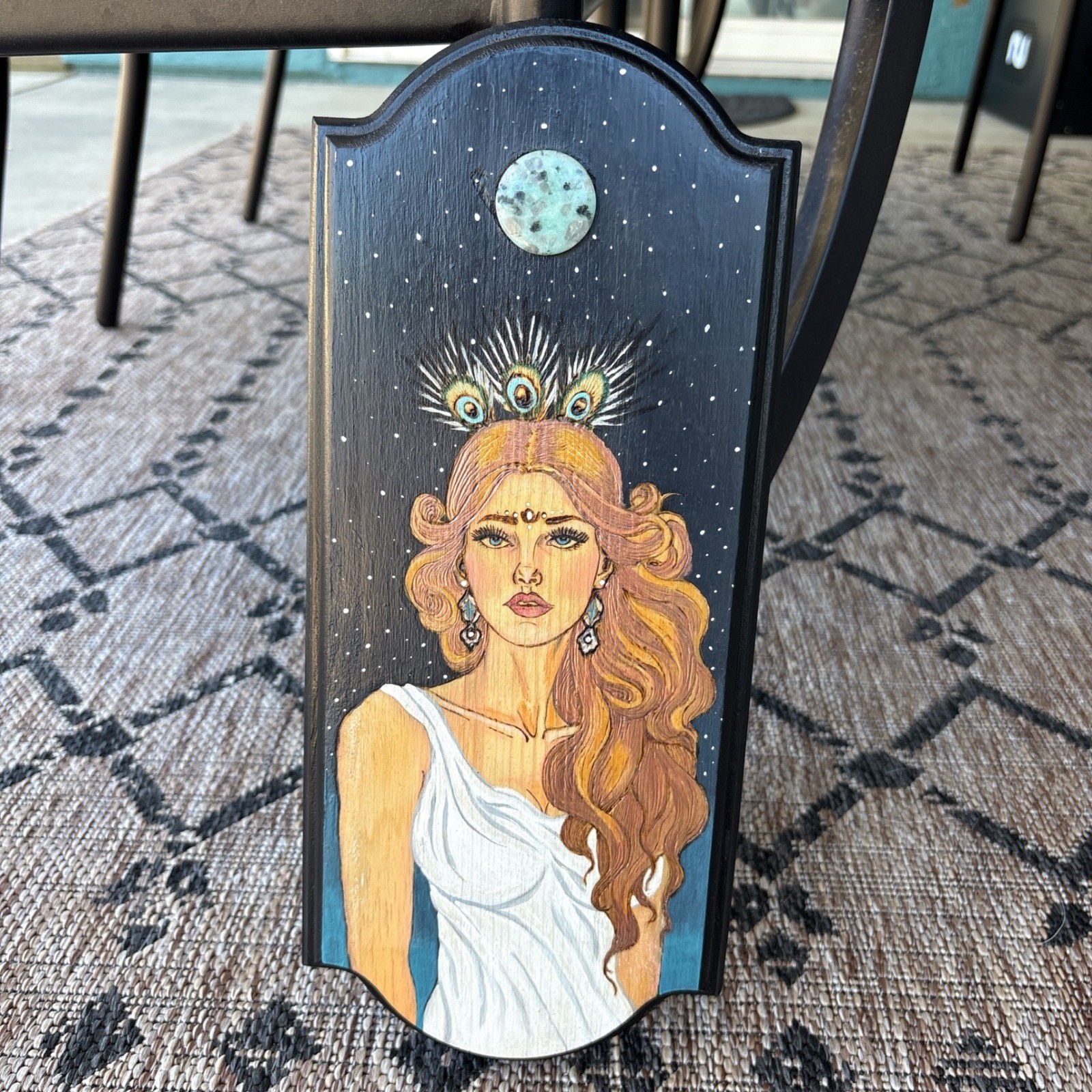Celestial Goddess Wood Burned Wall Art Plaque Black Hand Painted Wood Mystic